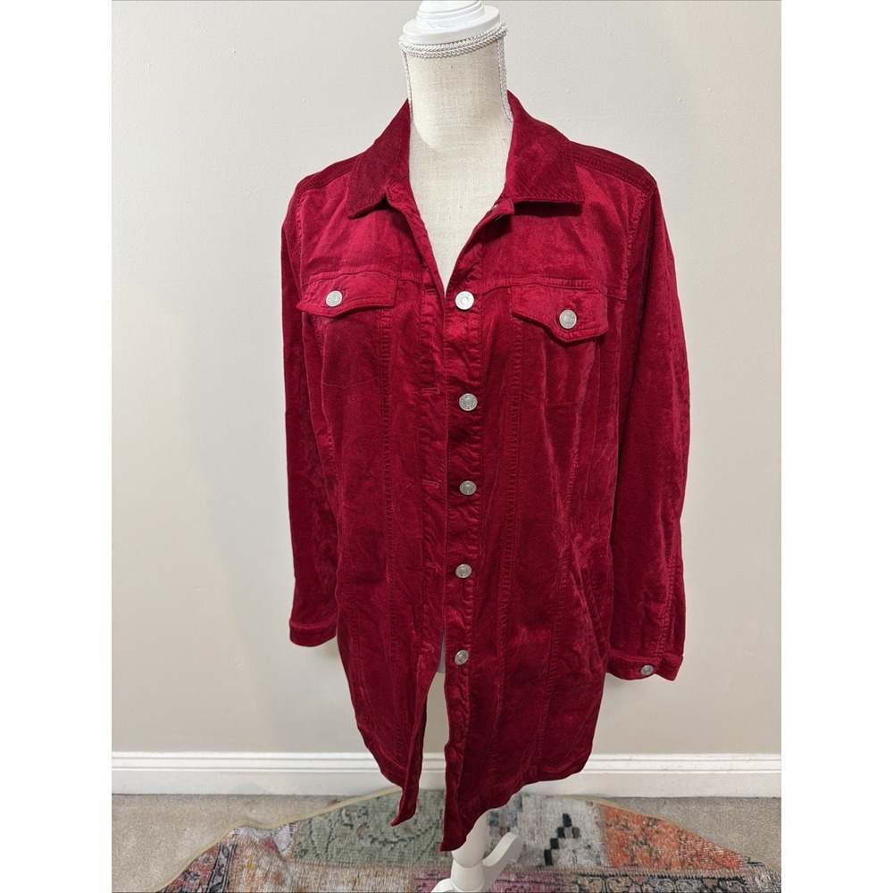 Chicos Red Velvet Long Jean Style Jacket Size‎ 2 (12/14)